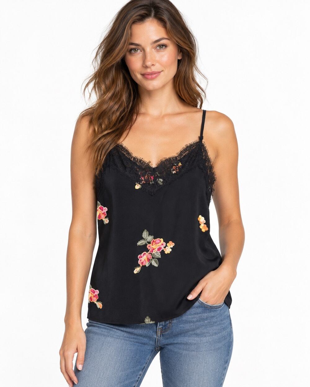 Black Lace Floral Embroidered Camisole Tank Top Size L
